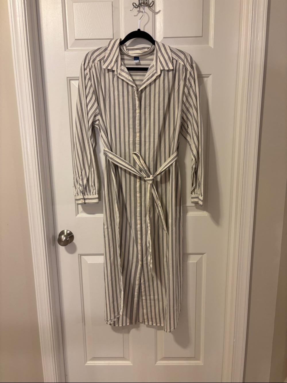 Old Navy Cream and Gray Striped Long Sleeve Shirt Dress